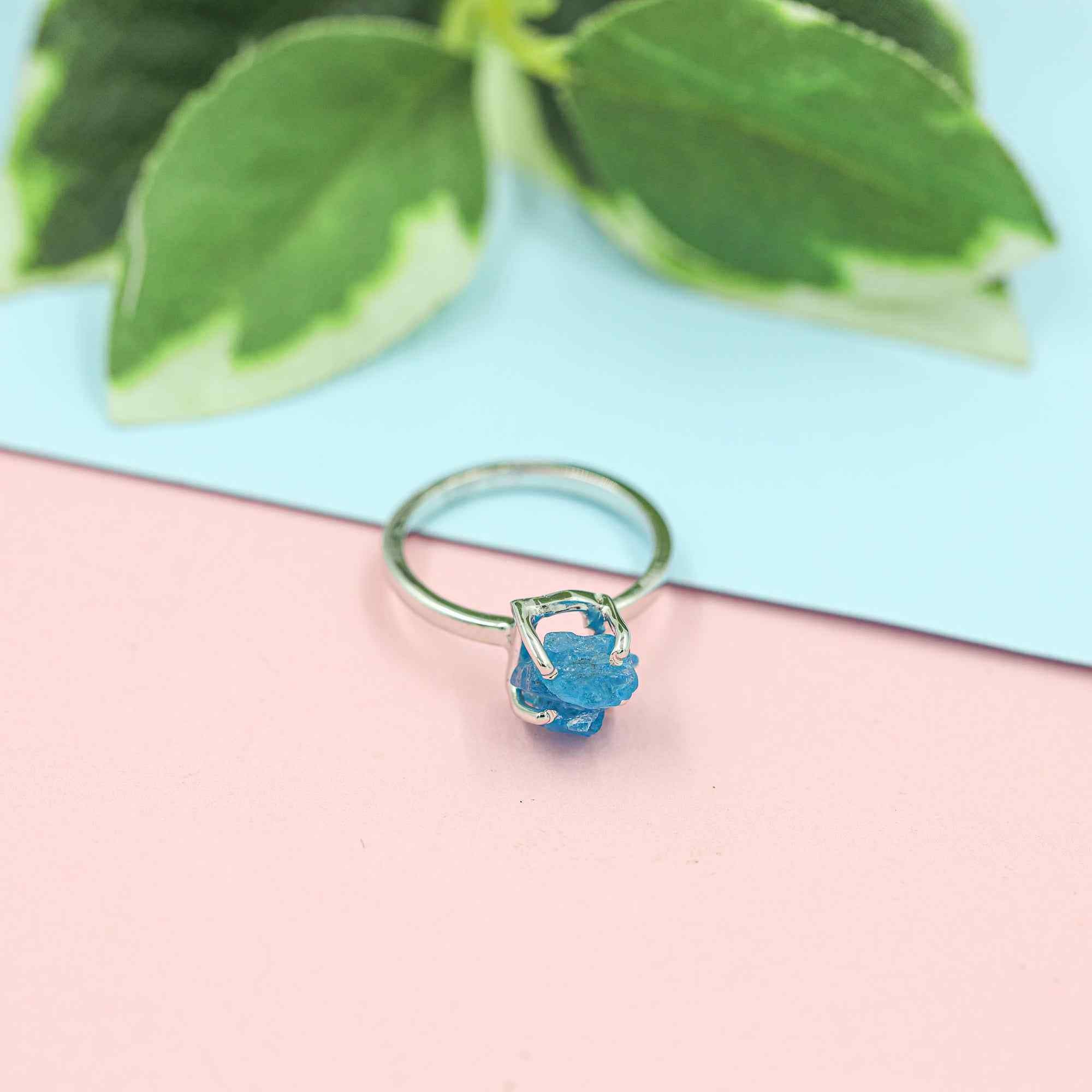Raw Neon Blue Apatite Ring in 925 Sterling Silver Rough Gemstone Ring Handmade Jewelry Gift for Her