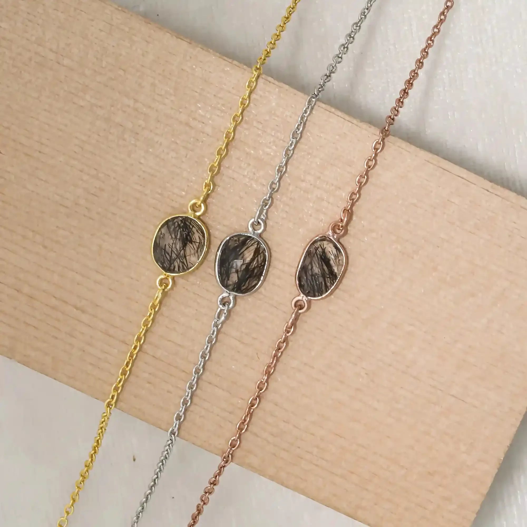 Black Rutile Quartz Silver Bracelet – Rose Cut Gemstone Bracelets