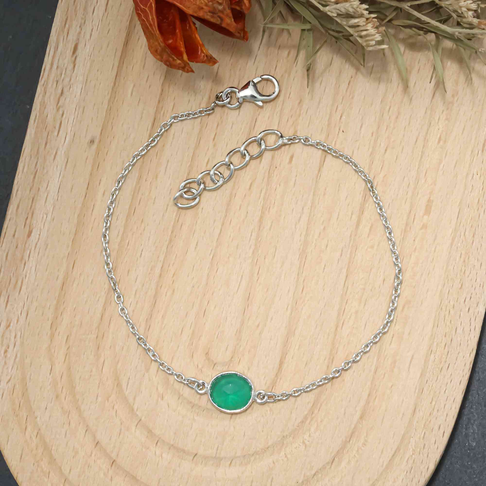 Green Onyx Rose-Cut Bracelet with Natural Gemstone in 925 Sterling Silver