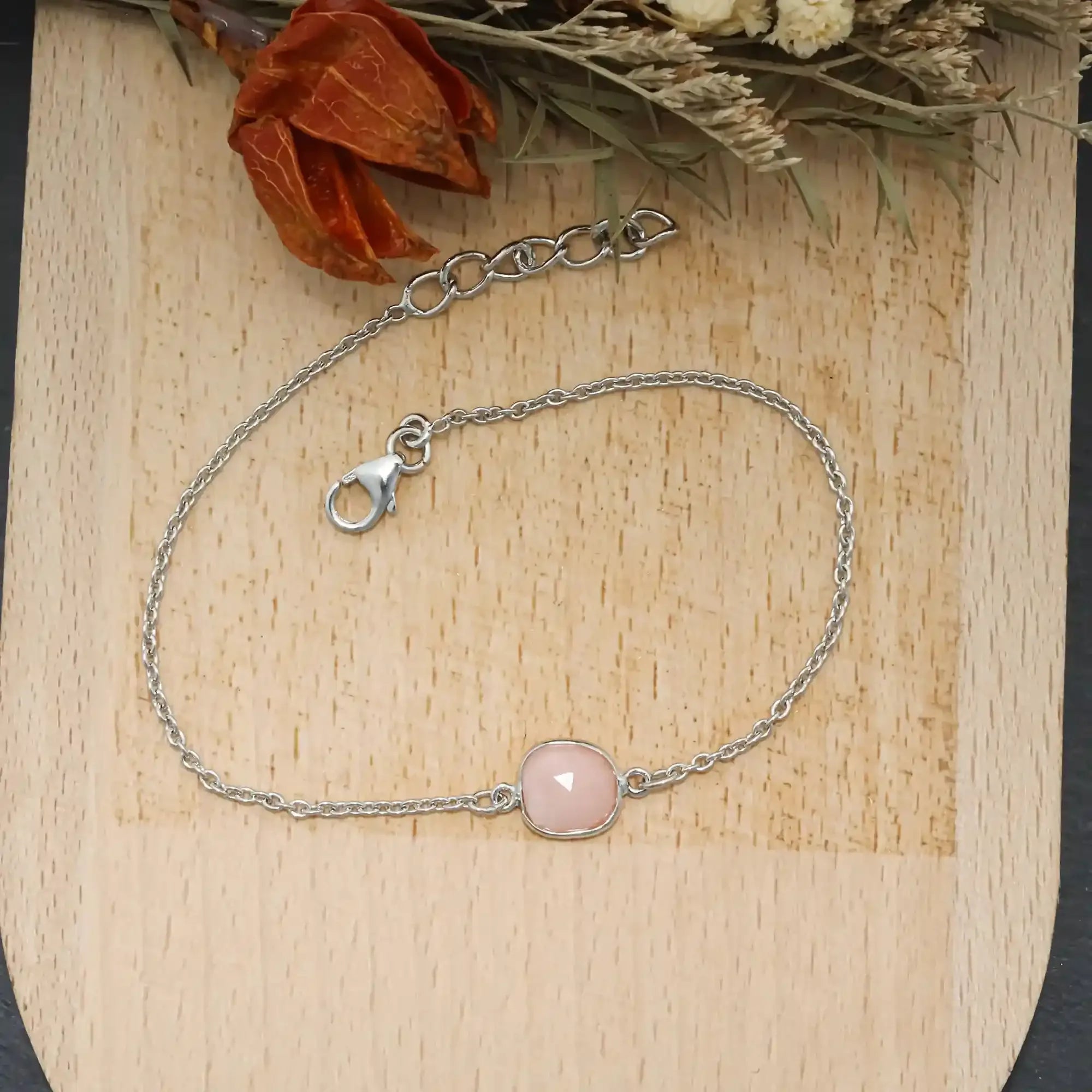 Blush Pink Opal Rose-Cut Bracelet in 925 Sterling Silver Gemstone Bracelets