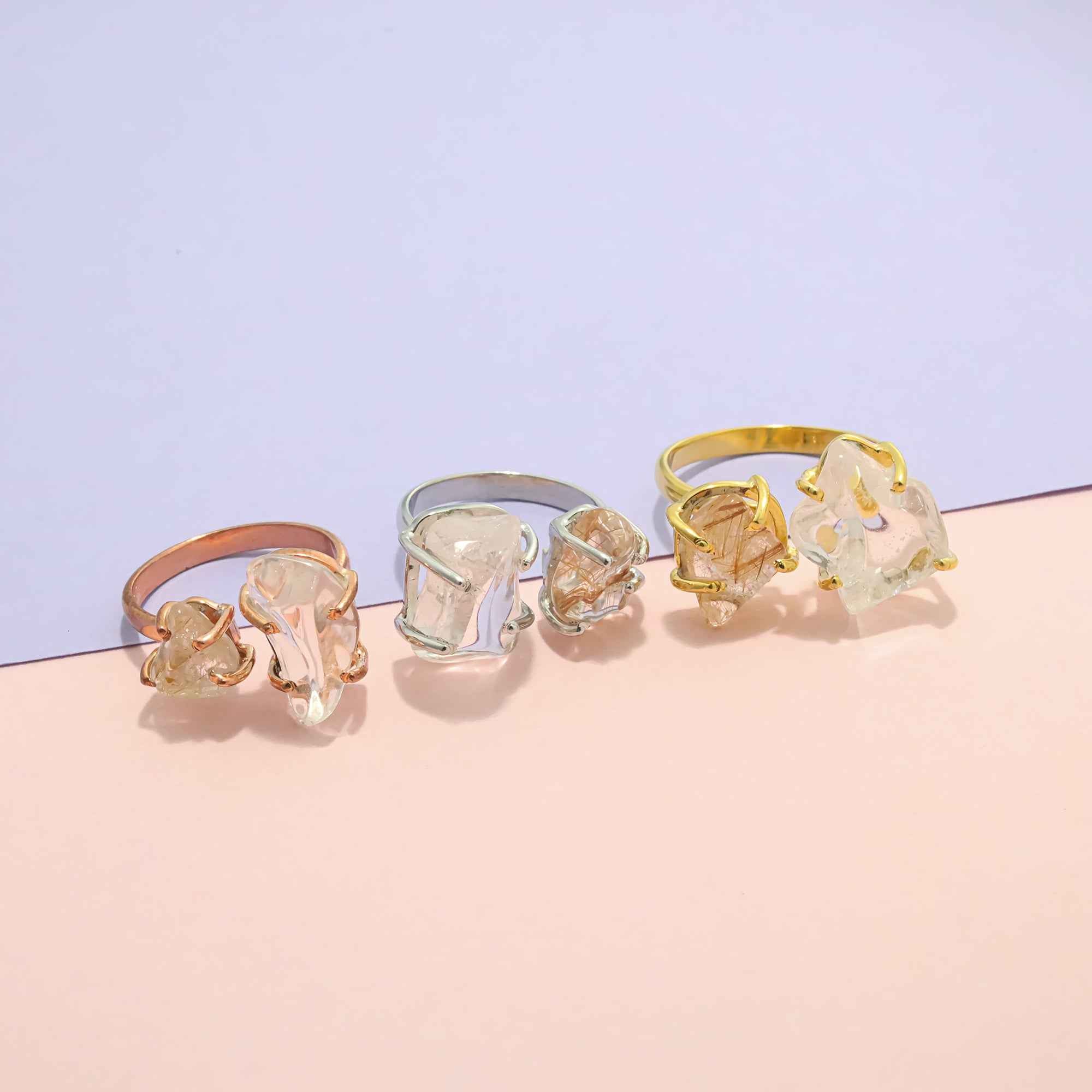 Raw Crystal Quartz Two Stone Ring in 925 Sterling Silver Rough Gemstone Handmade Jewelry Gift for Her
