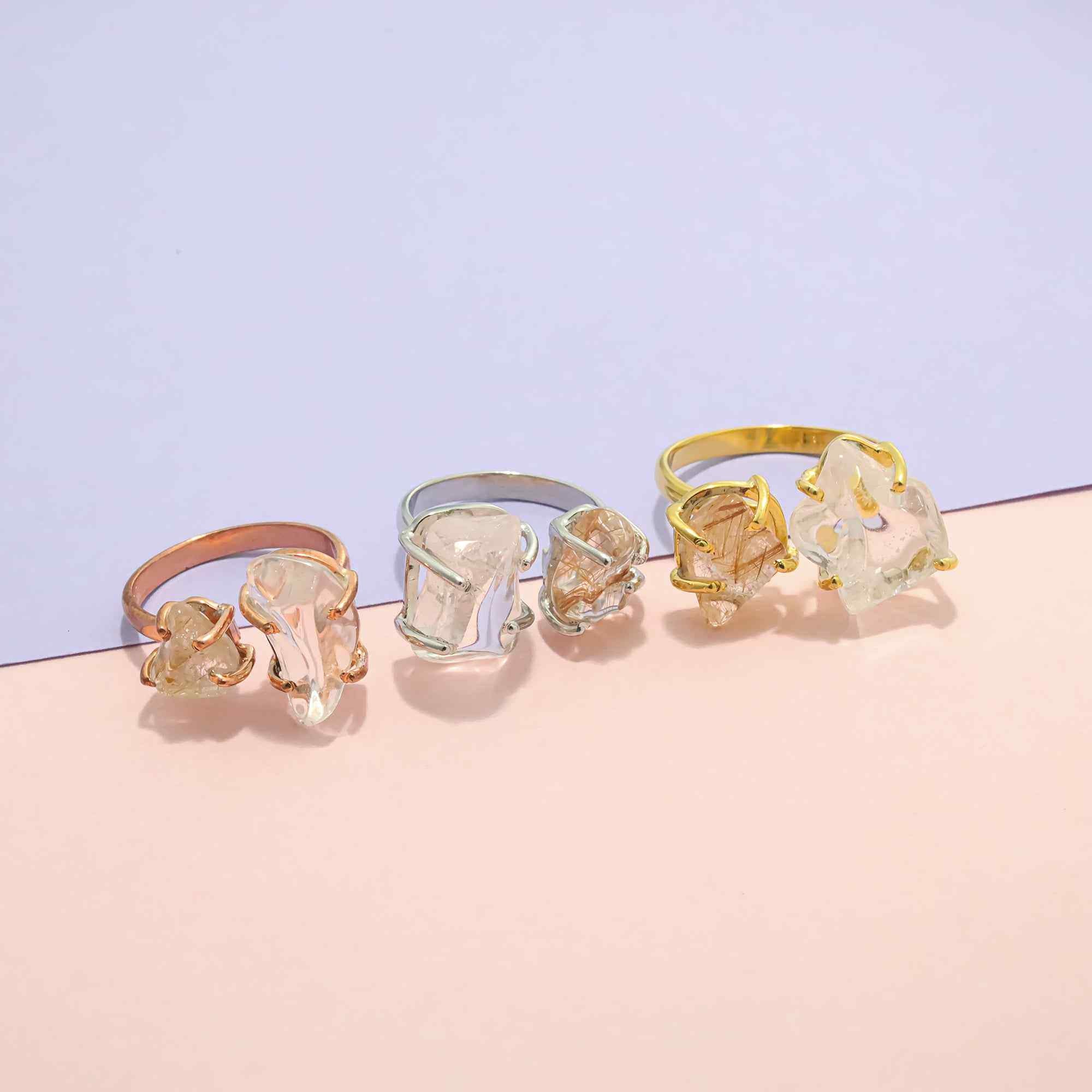 Raw Crystal Quartz Two Stone Ring in 925 Sterling Silver Rough Gemstone Handmade Jewelry Gift for Her