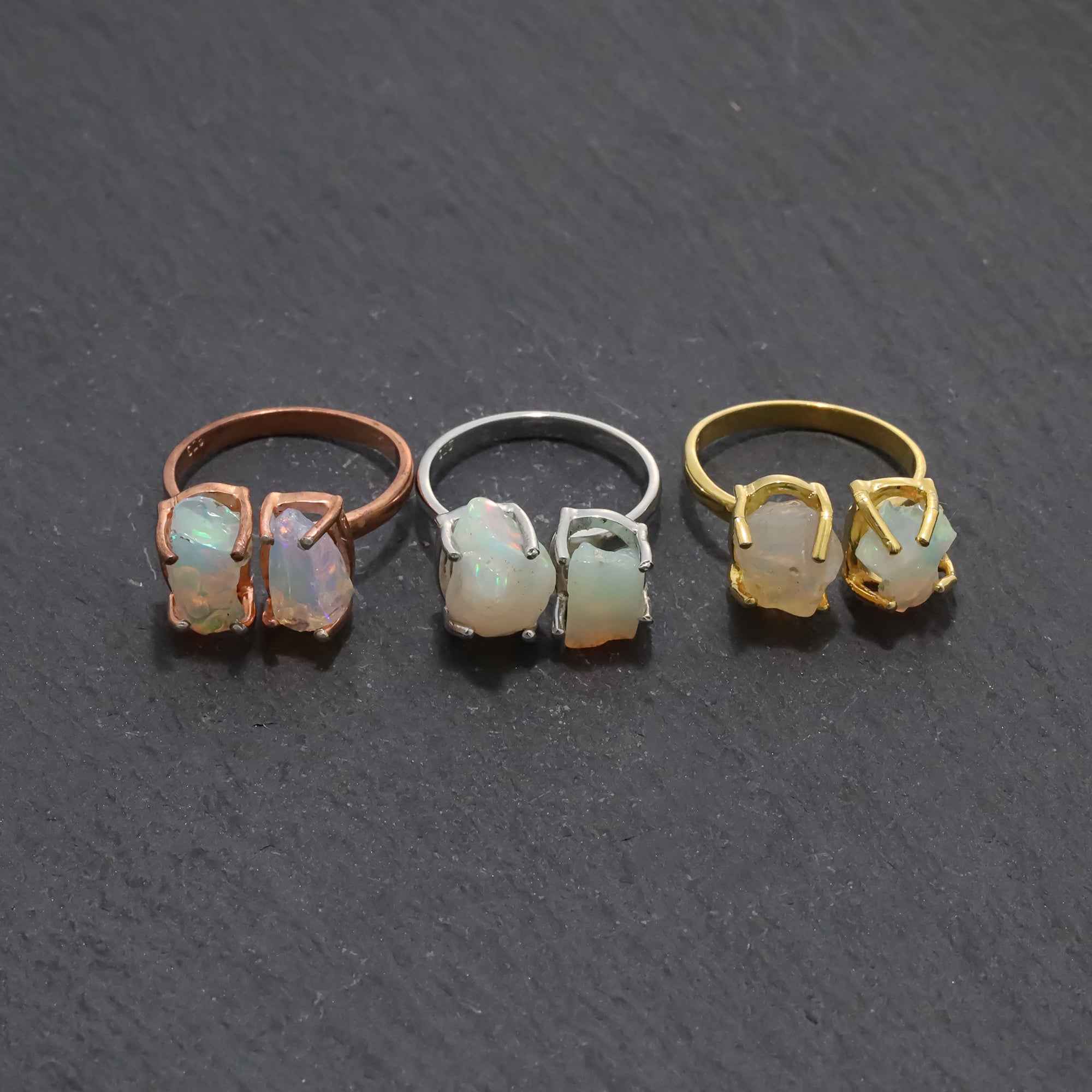 Raw Ethiopian Opal Two Stone Ring in 925 Sterling Silver Rough Gemstone Handmade October Birthstone Jewelry