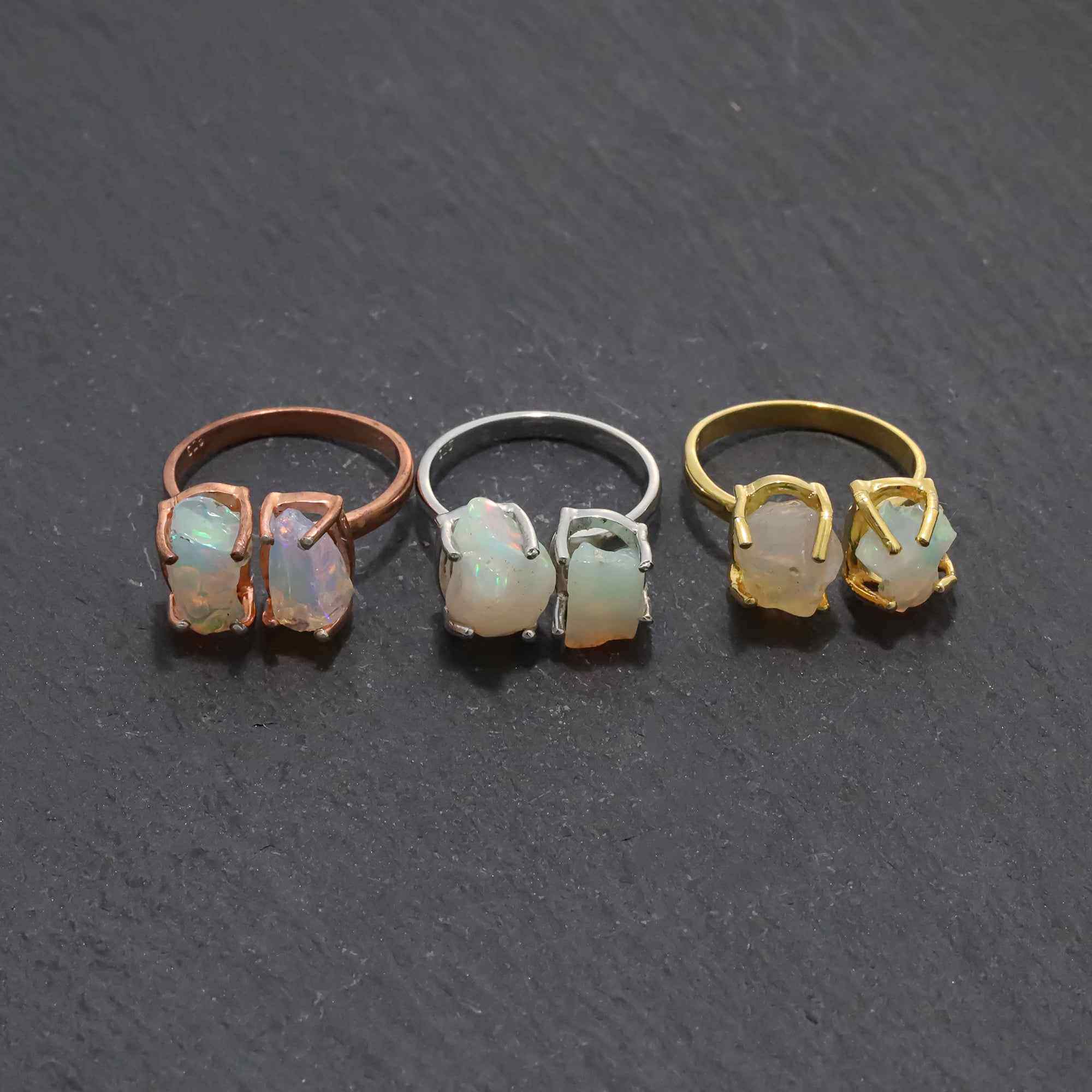 Raw Ethiopian Opal Two Stone Ring in 925 Sterling Silver Rough Gemstone Handmade October Birthstone Jewelry