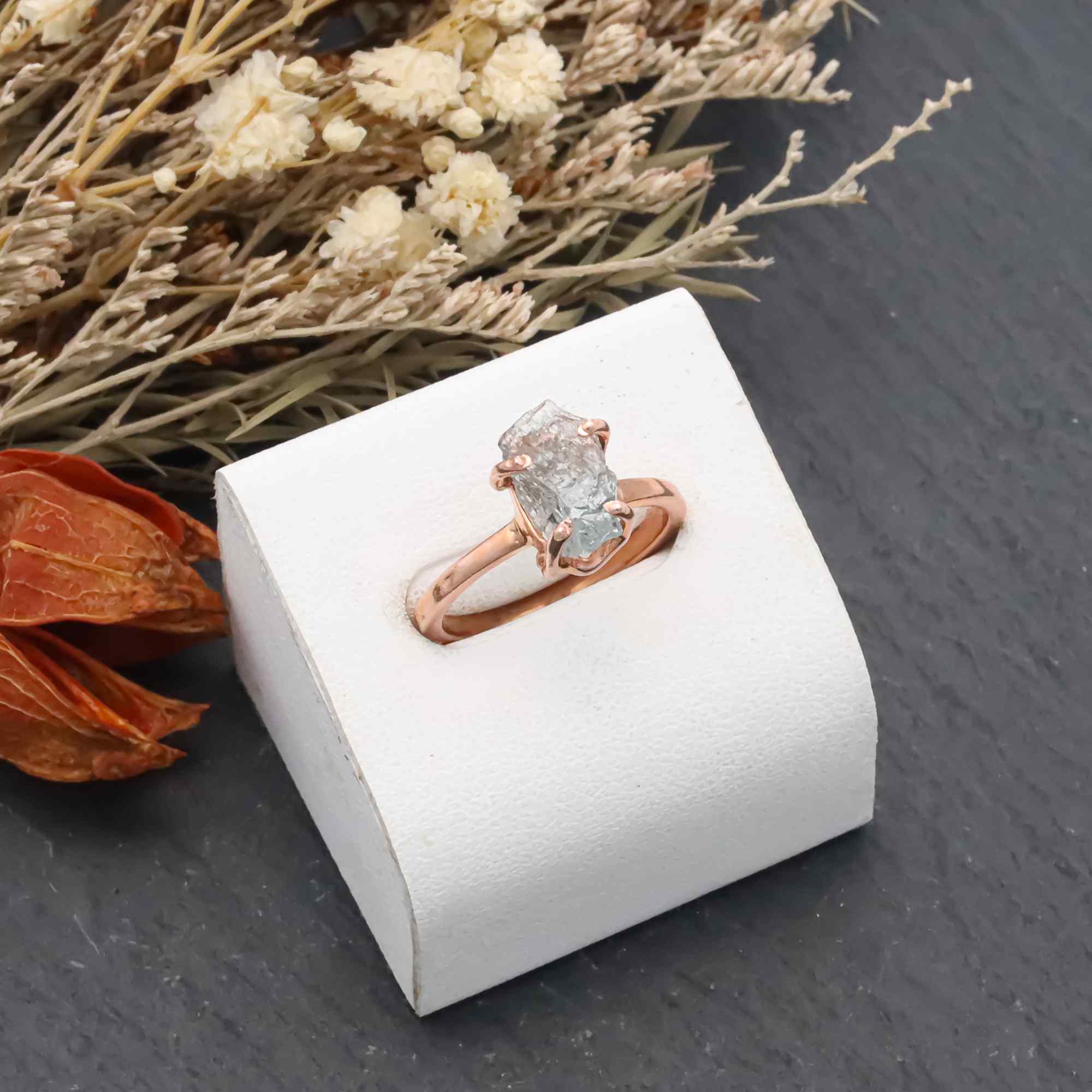 Raw Moss Aquamarine Ring in 925 Sterling Silver Rough Gemstone Ring Handmade March Birthstone Jewelry