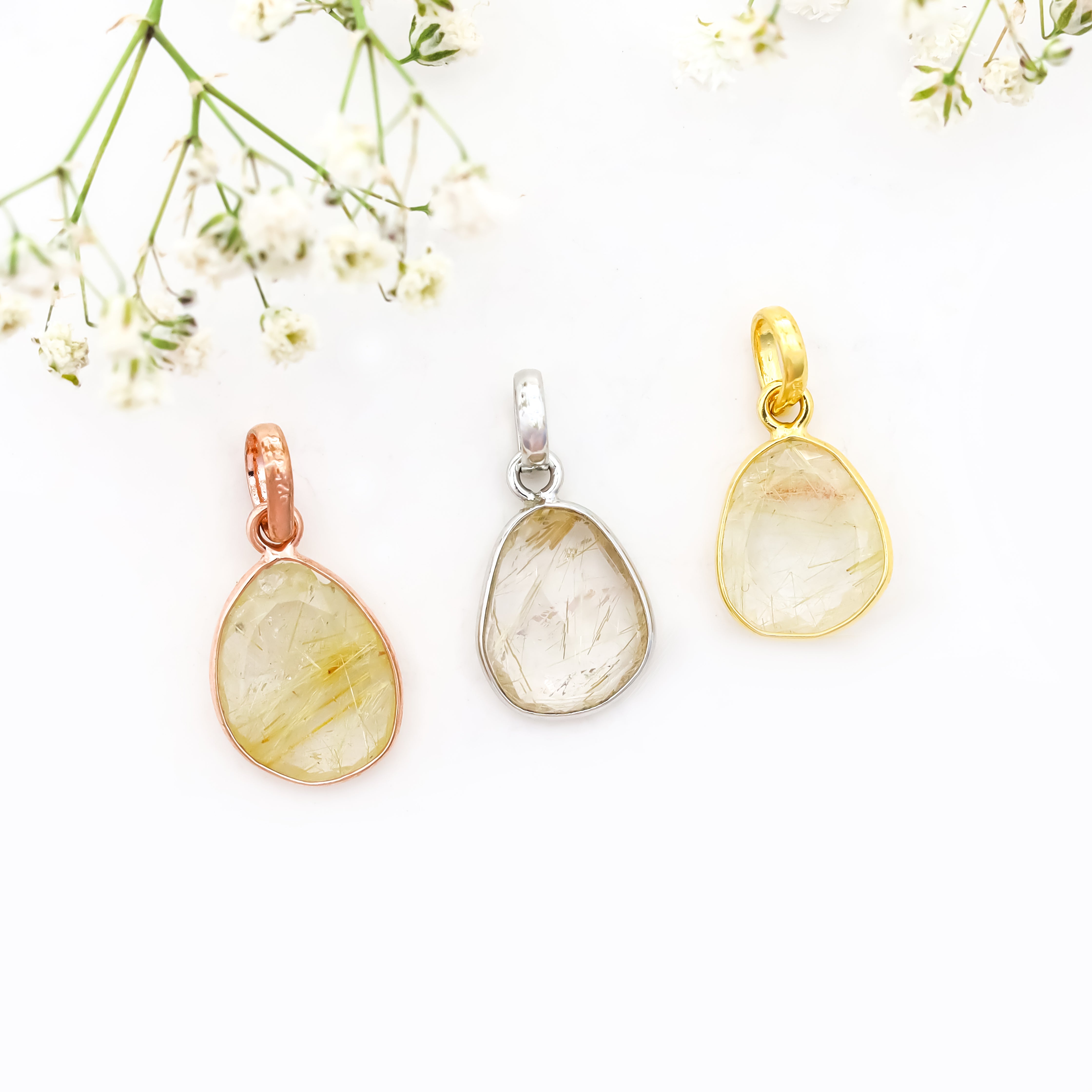 Golden Rutile Rose Cut Pendant Natural Rutile Quartz Pendant 925 Sterling Silver Handmade Jewelry Gift