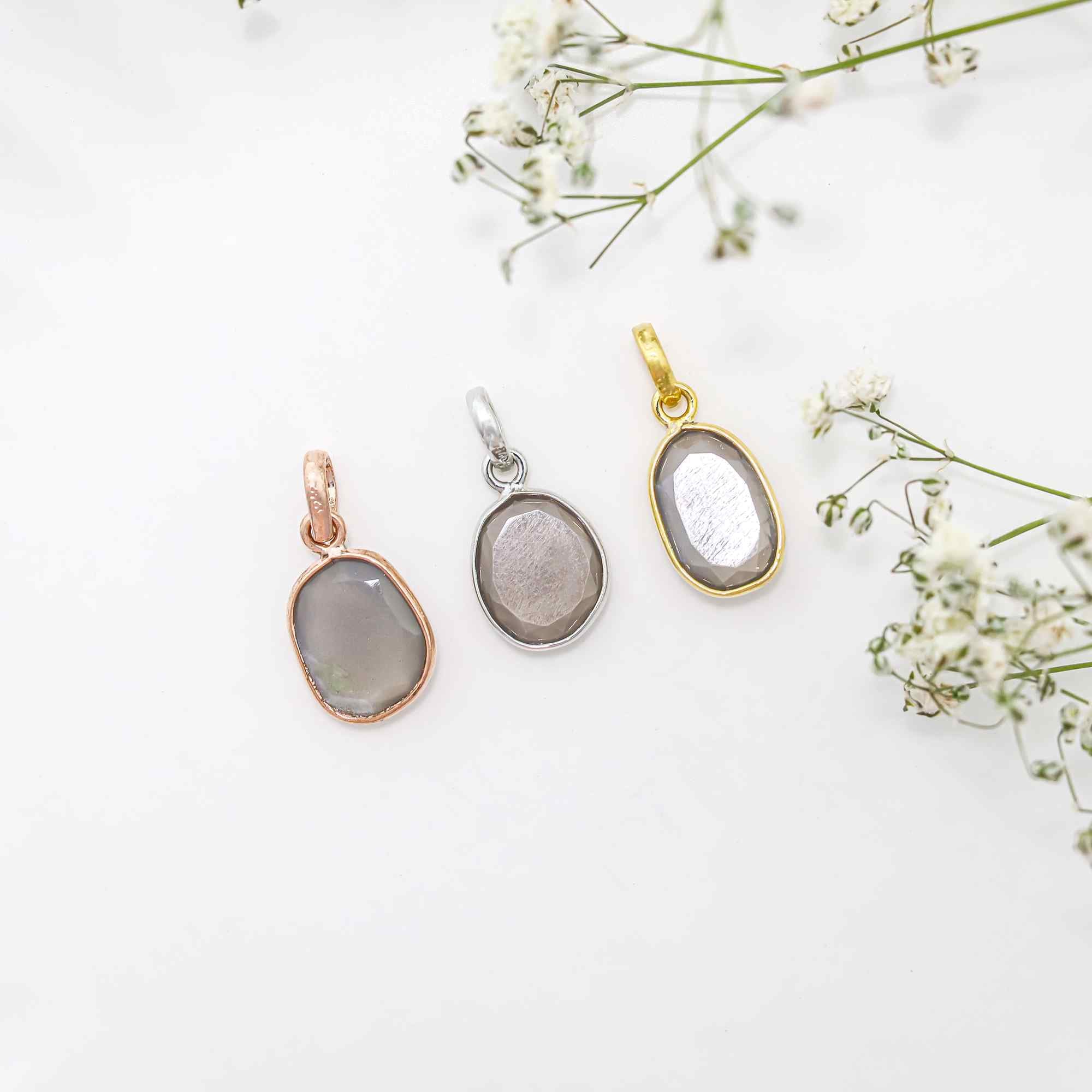 Natural Grey Moonstone Rose Cut Pendant 925 Sterling Silver