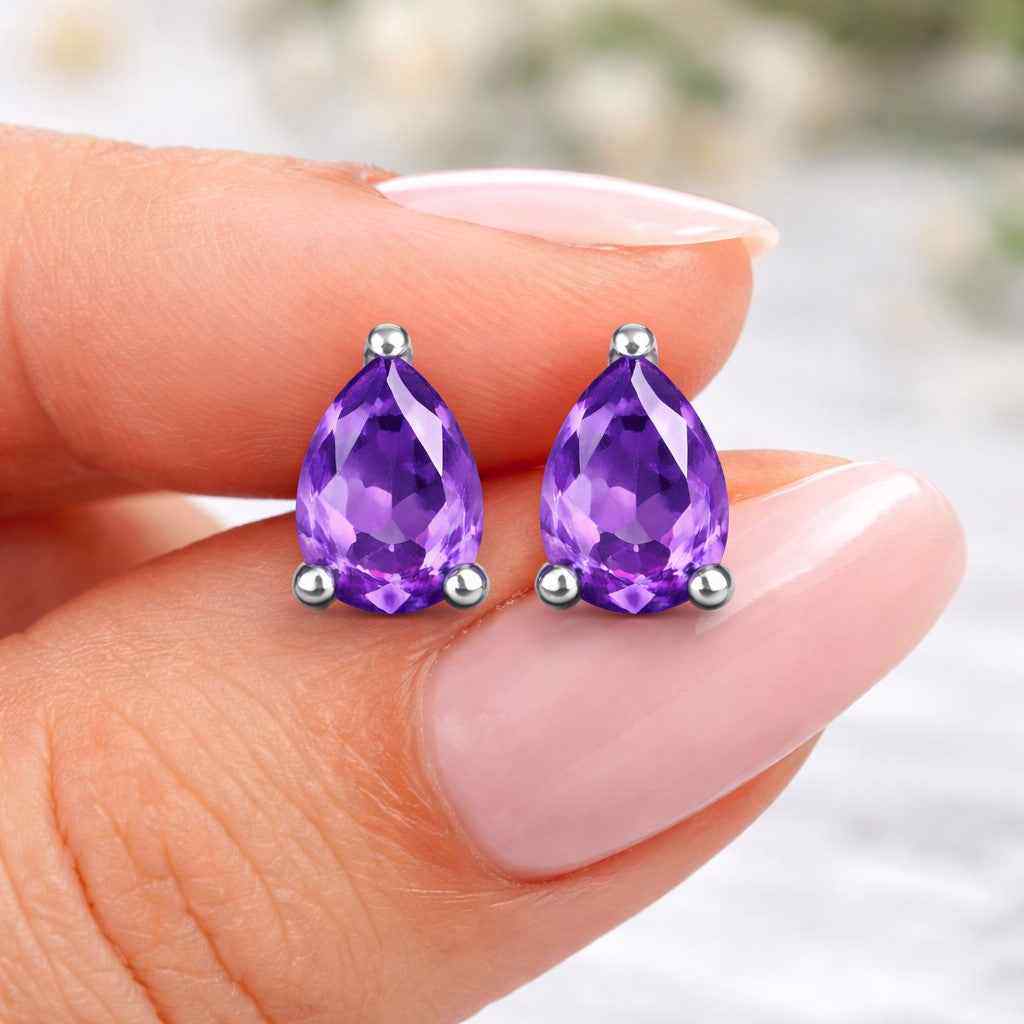 Amethyst Stud Earrings in 925 Sterling Silver, Natural Amethyst Cut Studs, Minimalist Gift