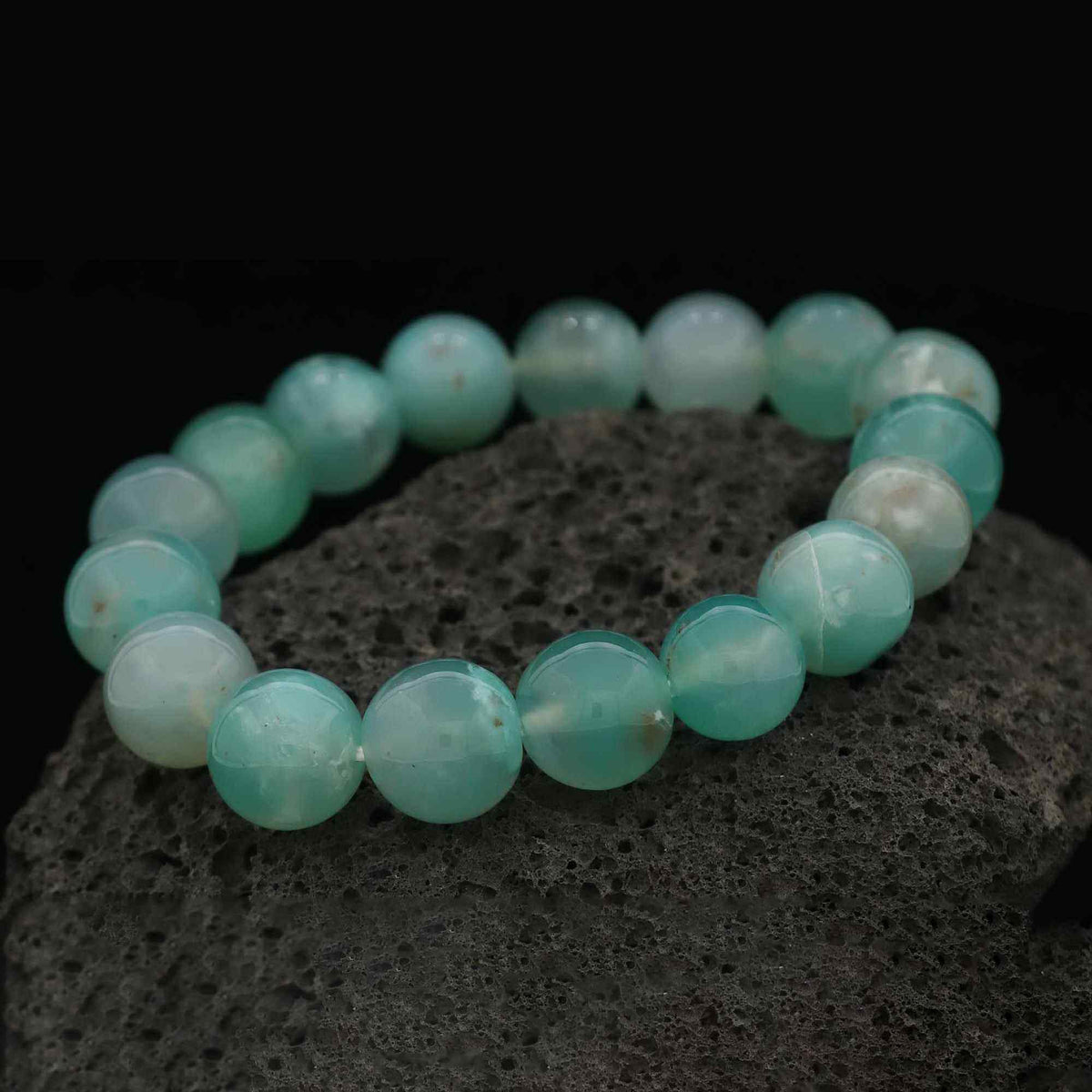 Natural Aqua Chalcedony Healing Bracelet Polished Round Gem Beads Handmade 192 Ct