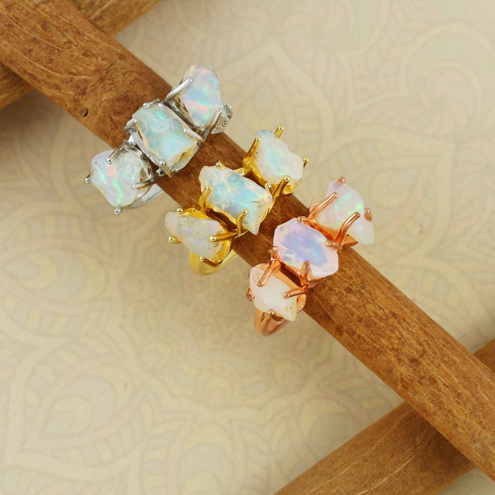 Raw Ethiopian Opal Three Stone Ring in 925 Sterling Silver Rough Gemstone Handmade October Birthstone Jewelry