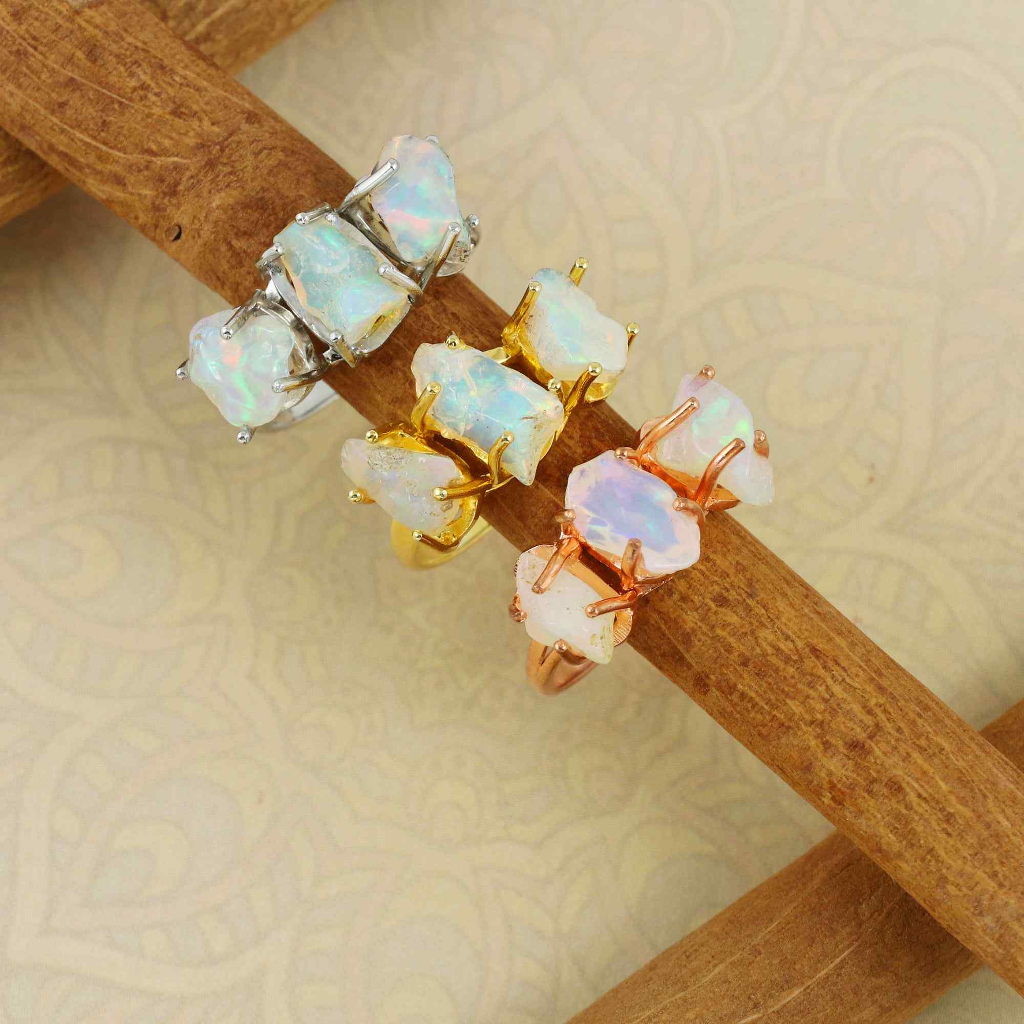 Raw Ethiopian Opal Three Stone Ring in 925 Sterling Silver Rough Gemstone Handmade October Birthstone Jewelry