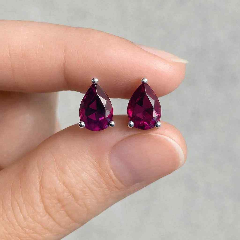 Rhodolite Garnet Stud Earrings in 925 Sterling Silver, Natural Rhodolite Cut Studs, Minimalist Gemstone Earrings
