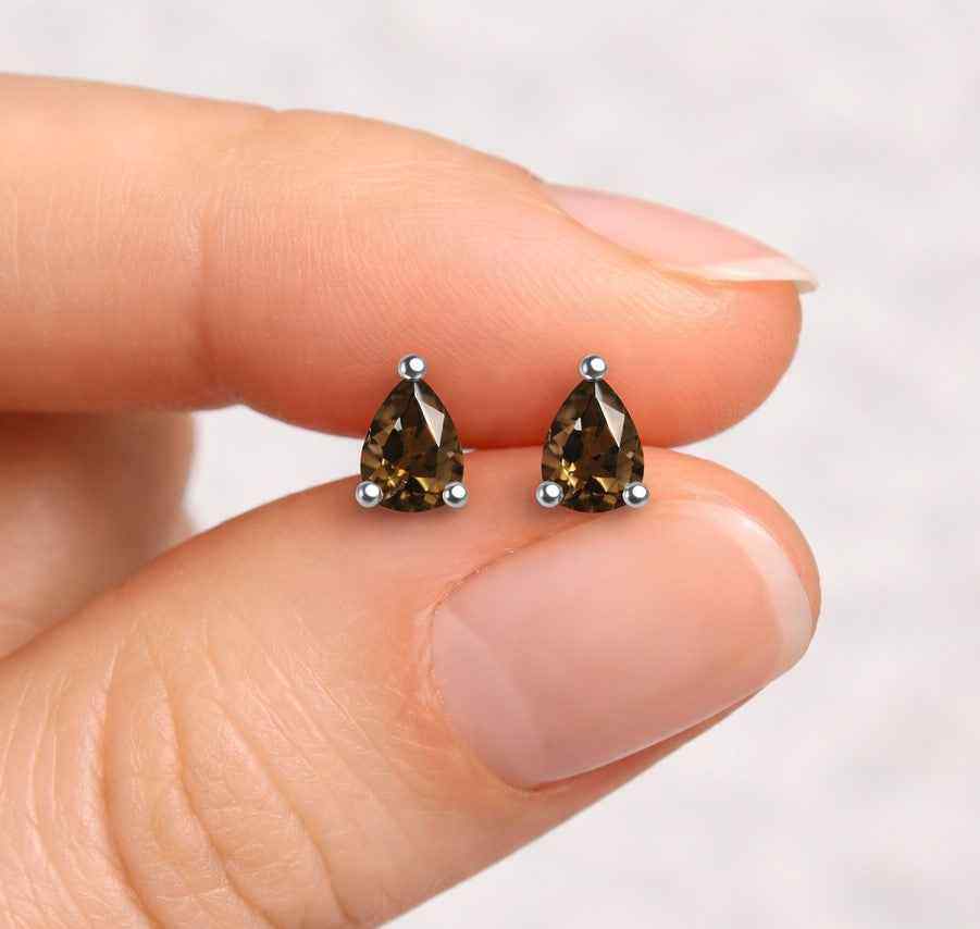 Natural Smoky Quartz 4x5mm Pear Cut Stud Earrings in 925 Sterling Silver