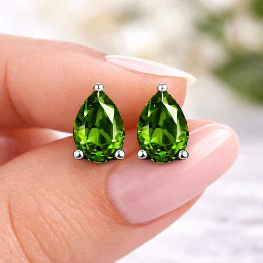 Natural Pear Chrome Diopside Stud Earrings in 925 Sterling Silver, Minimalist Green Gemstone Earrings