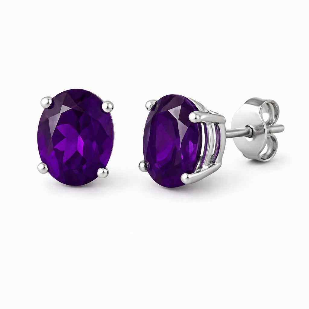Natural Amethyst 8x10mm Oval Cut Stud Earrings in 925 Sterling Silver – Gemstone Studs