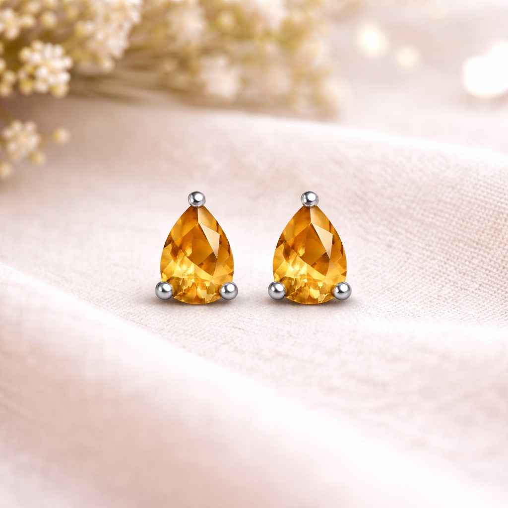 Natural Citrine Pear Stud Earrings in 925 Sterling Silver, Pear Cut Yellow Gemstone Studs, Minimalist Jewelry Gift