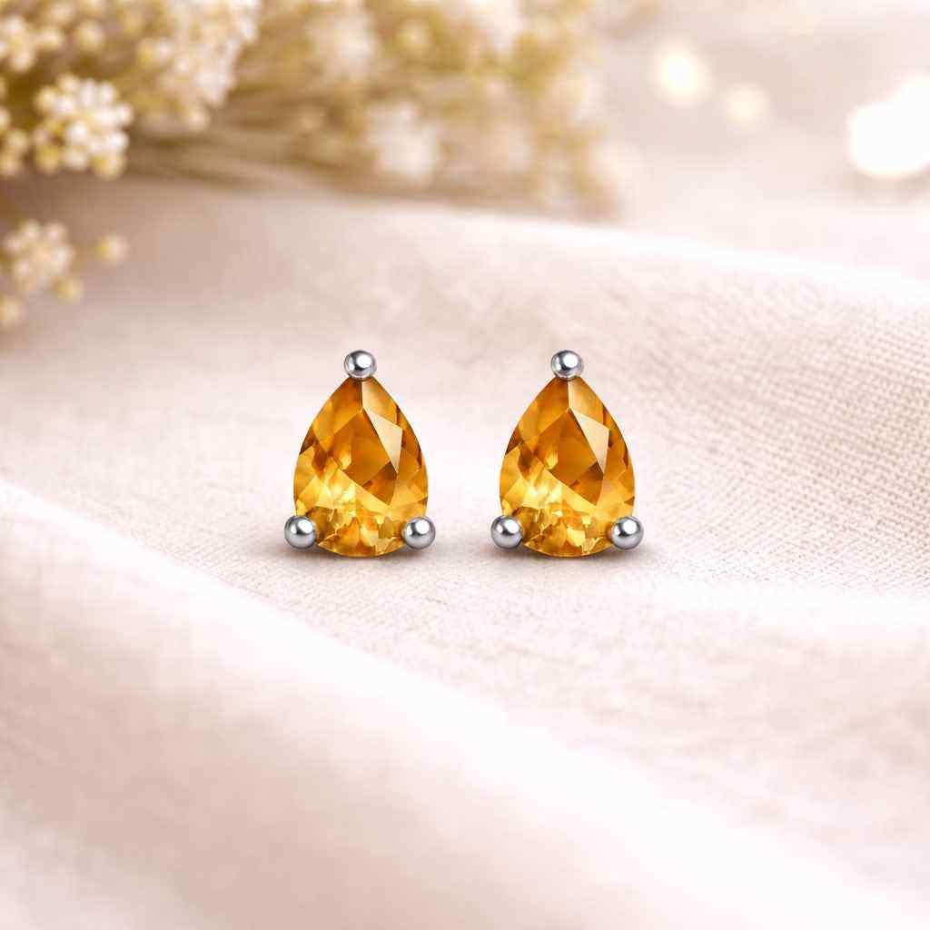 Natural Citrine Pear Stud Earrings in 925 Sterling Silver, Pear Cut Yellow Gemstone Studs, Minimalist Jewelry Gift
