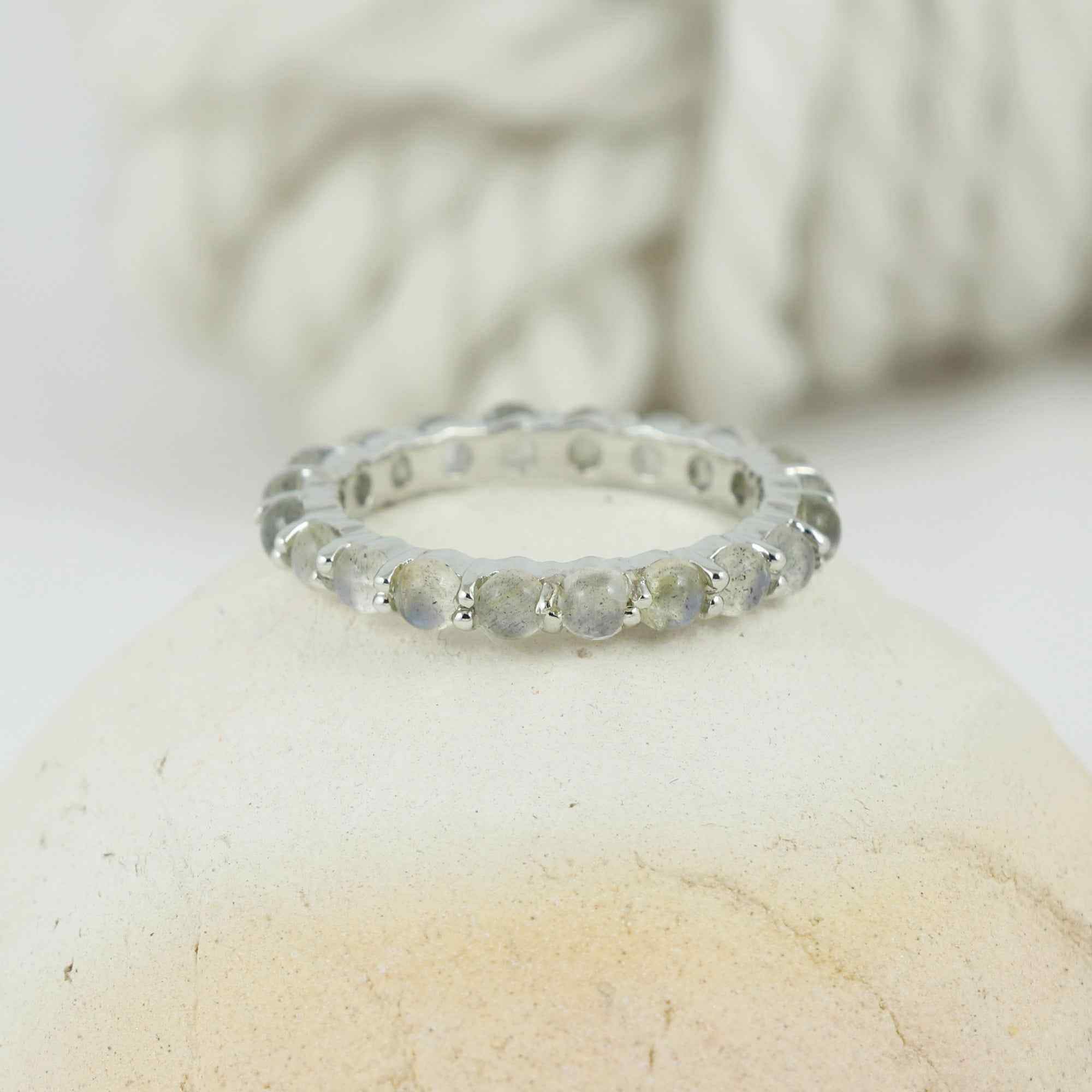 Natural Labradorite 3mm Round Cabochon Ring 925 Sterling Silver Handmade Solitaire Gemstone Ring
