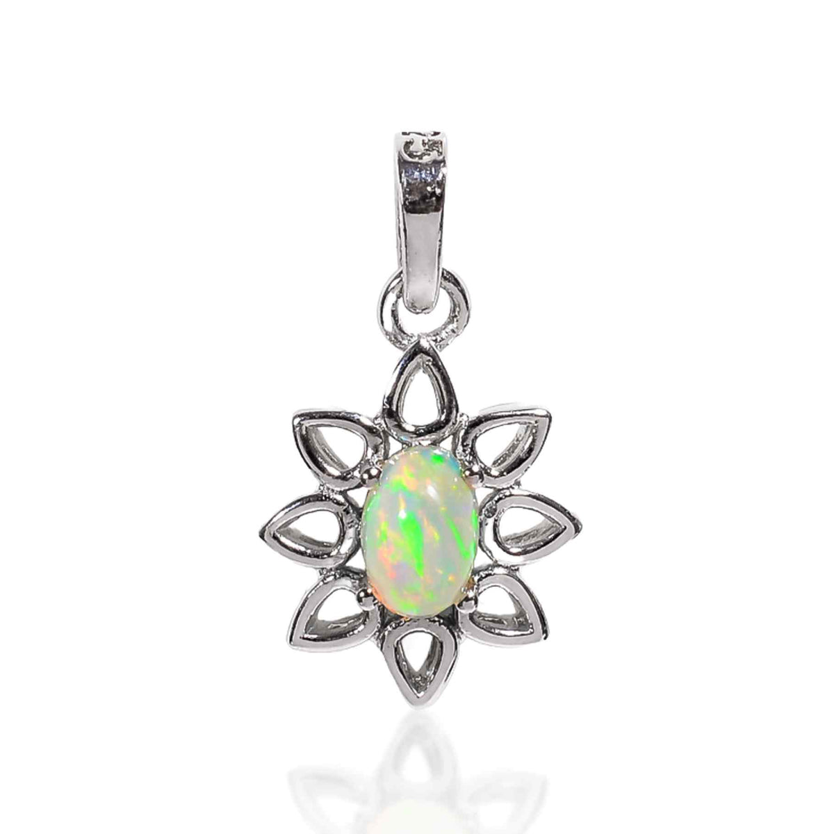 Himalya Quartz Opal Voyager Amulet pendant with 4x6mm oval cabochon in silver, featuring adventure-inspired Wanderlust charm.