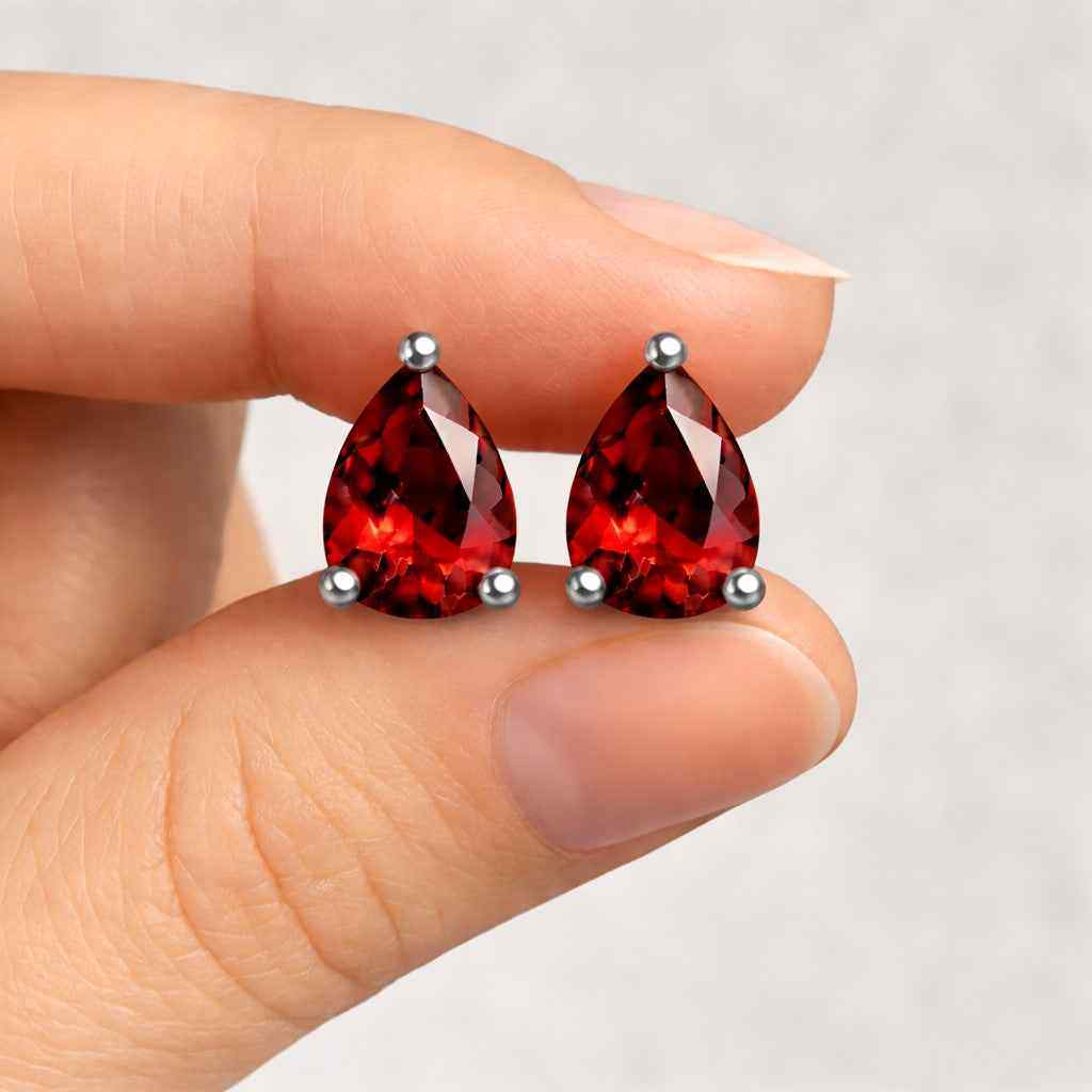 Natural Garnet 4x5mm Pear Stud Earrings in 925 Sterling Silver