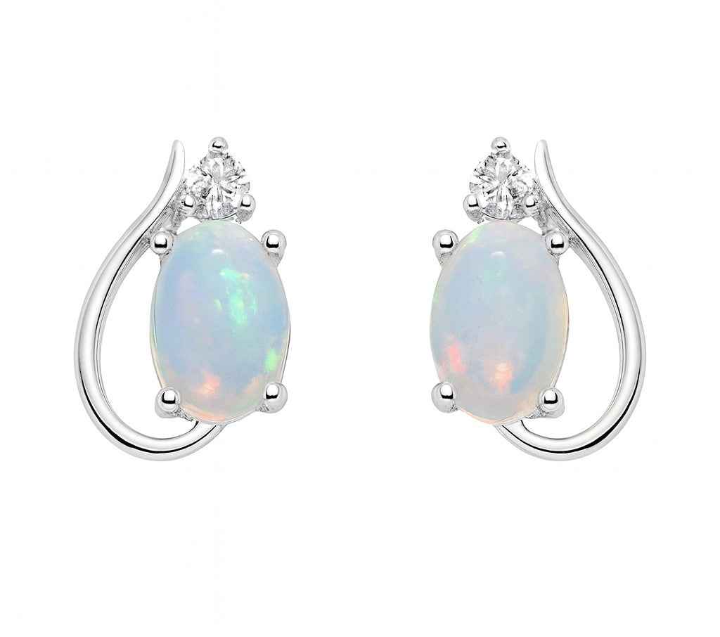 Opal With Zircon Stud Earrings – Natural Opal Studs in 925 Sterling Silver,Opal Earrings