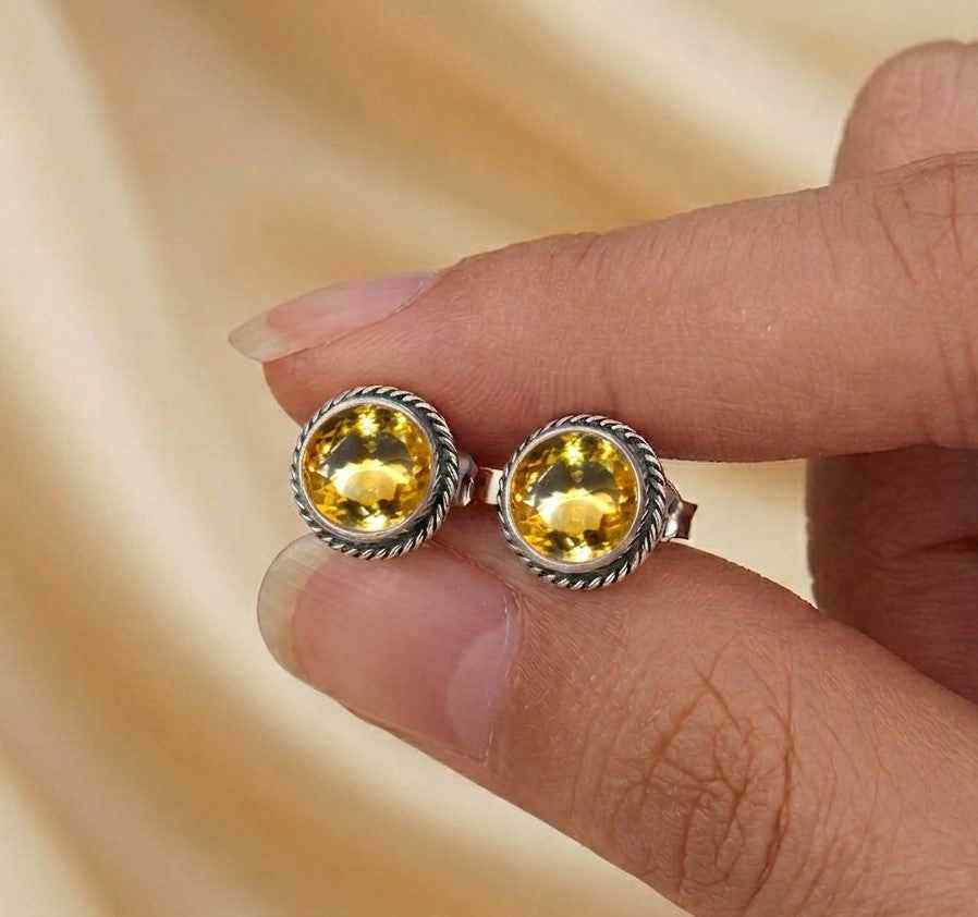 Natural Citrine 6mm Round Cut Stud Earrings in 925 Sterling Silver – Gemstone Studs