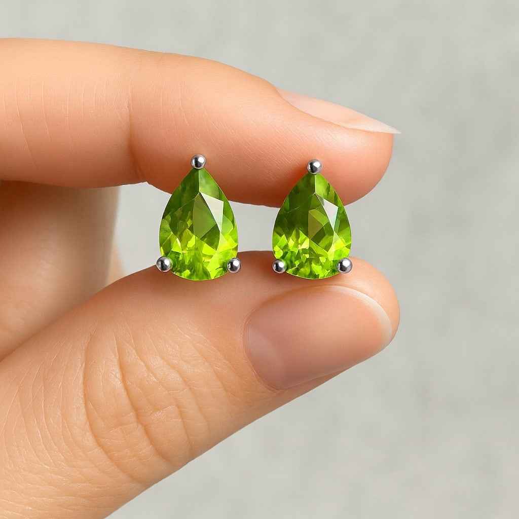 Natural Peridot Pear Stud Earrings in 925 Sterling Silver, Tiny Green Gemstone Studs for Women
