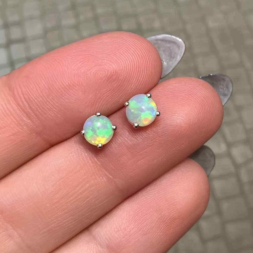 Opal Stud Earrings – Natural Opal Cabochon Studs in 925 Sterling Silver, Minimalist