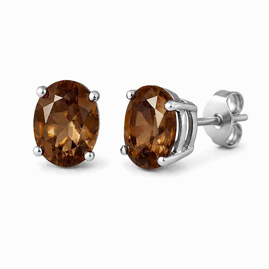 Natural Smoky Quartz 8x10mm Oval Cut Stud Earrings in 925 Sterling Silver – Gemstone Studs