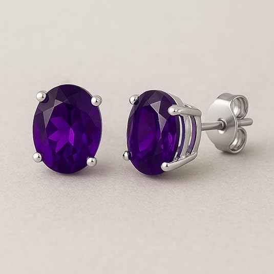 Natural Amethyst 8x10mm Oval Cut Stud Earrings in 925 Sterling Silver – Gemstone Studs