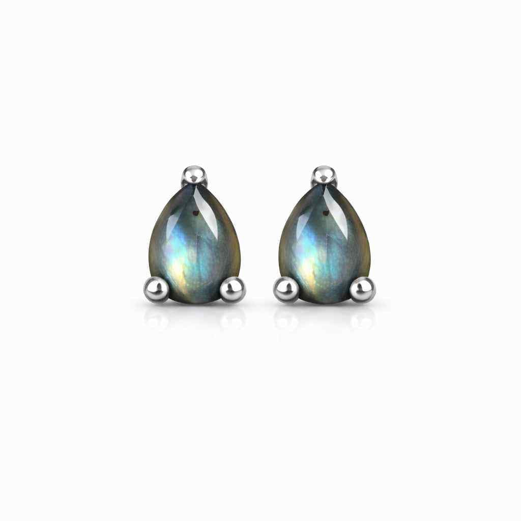 Natural Labradorite Pear Stud Earrings in 925 Sterling Silver, Minimalist Gemstone Jewelry Gift