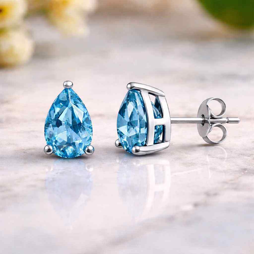 Natural Blue Topaz Pear Stud Earrings in 925 Sterling Silver, Tiny Blue Gemstone Studs for Women
