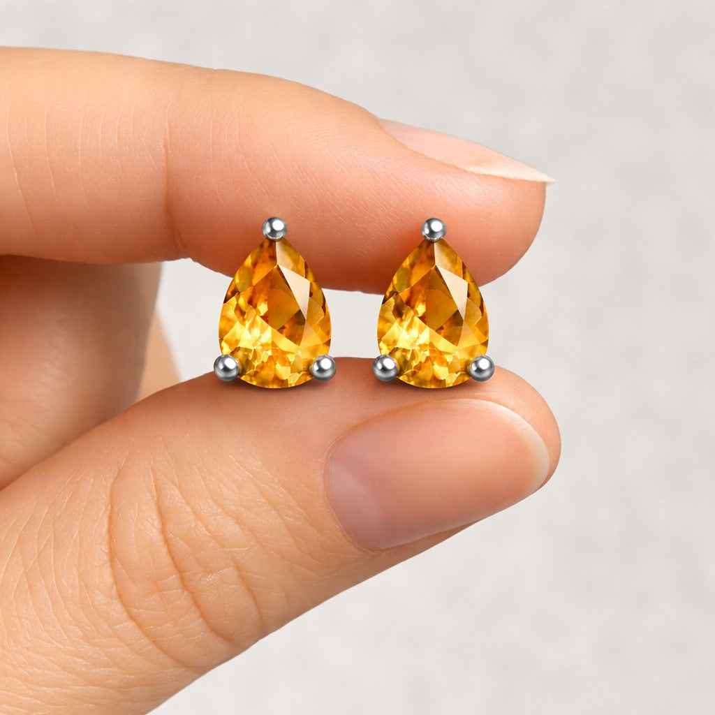 Natural Citrine Pear Stud Earrings in 925 Sterling Silver, Pear Cut Yellow Gemstone Studs, Minimalist Jewelry Gift