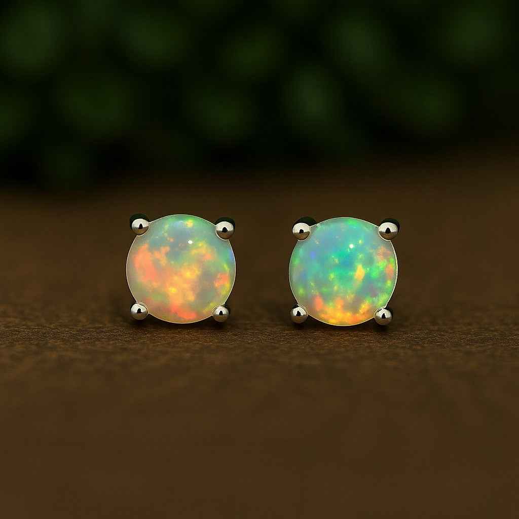 Opal Stud Earrings – Natural Opal Cabochon Studs in 925 Sterling Silver, Minimalist