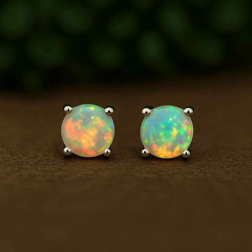 Opal Stud Earrings – Natural Opal Cabochon Studs in 925 Sterling Silver, Minimalist