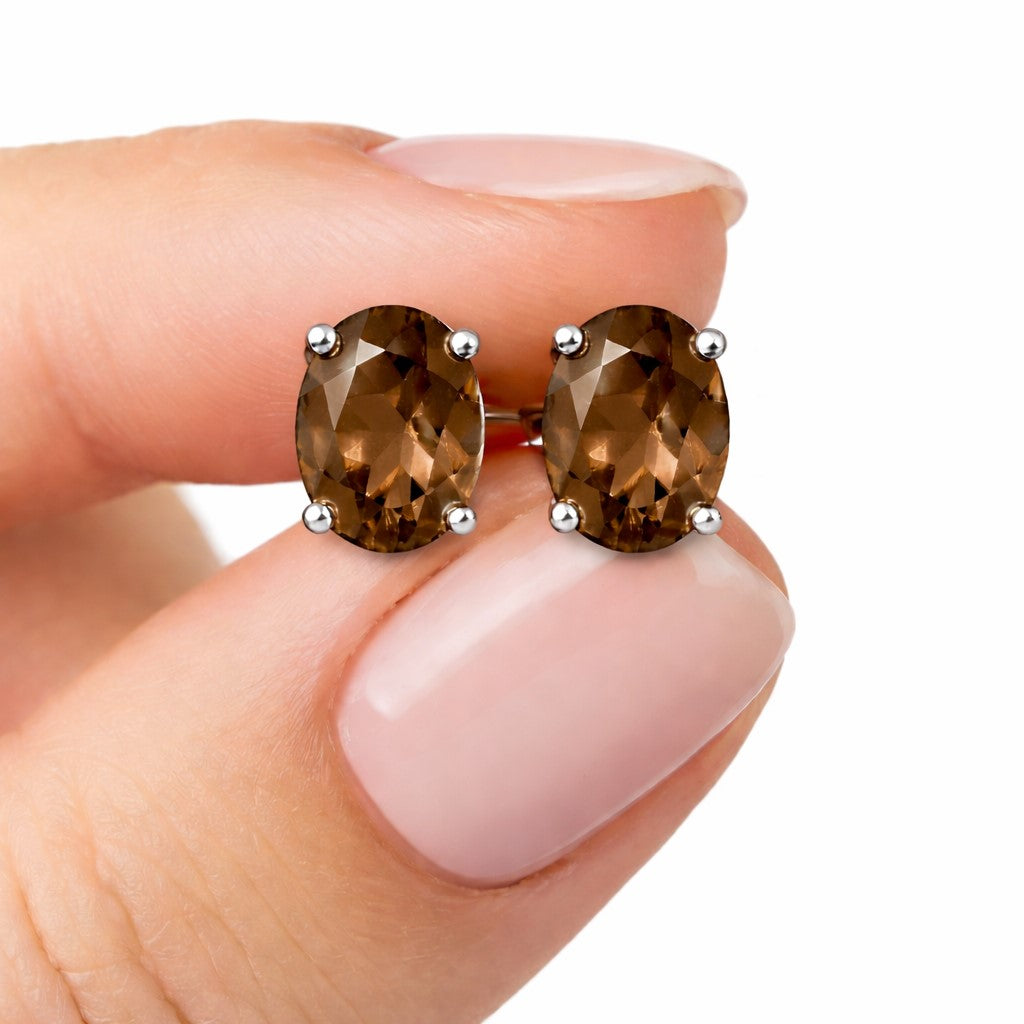 Natural Smoky Quartz 8x10mm Oval Cut Stud Earrings in 925 Sterling Silver – Gemstone Studs