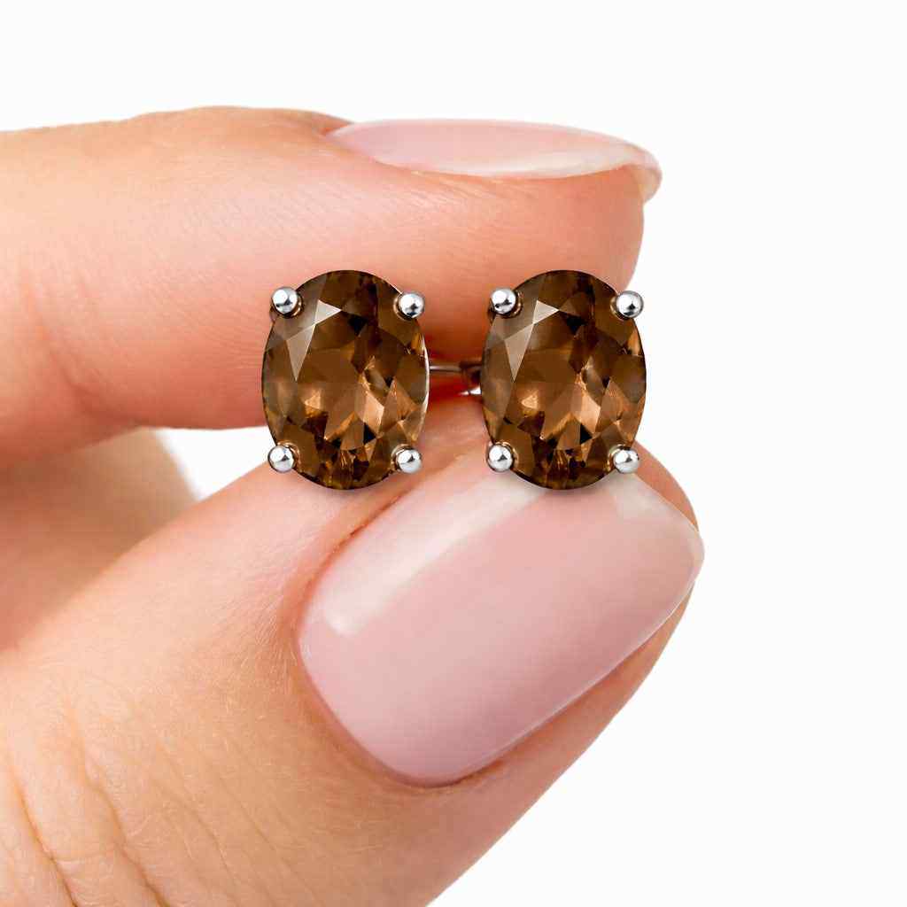 Natural Smoky Quartz 8x10mm Oval Cut Stud Earrings in 925 Sterling Silver – Gemstone Studs