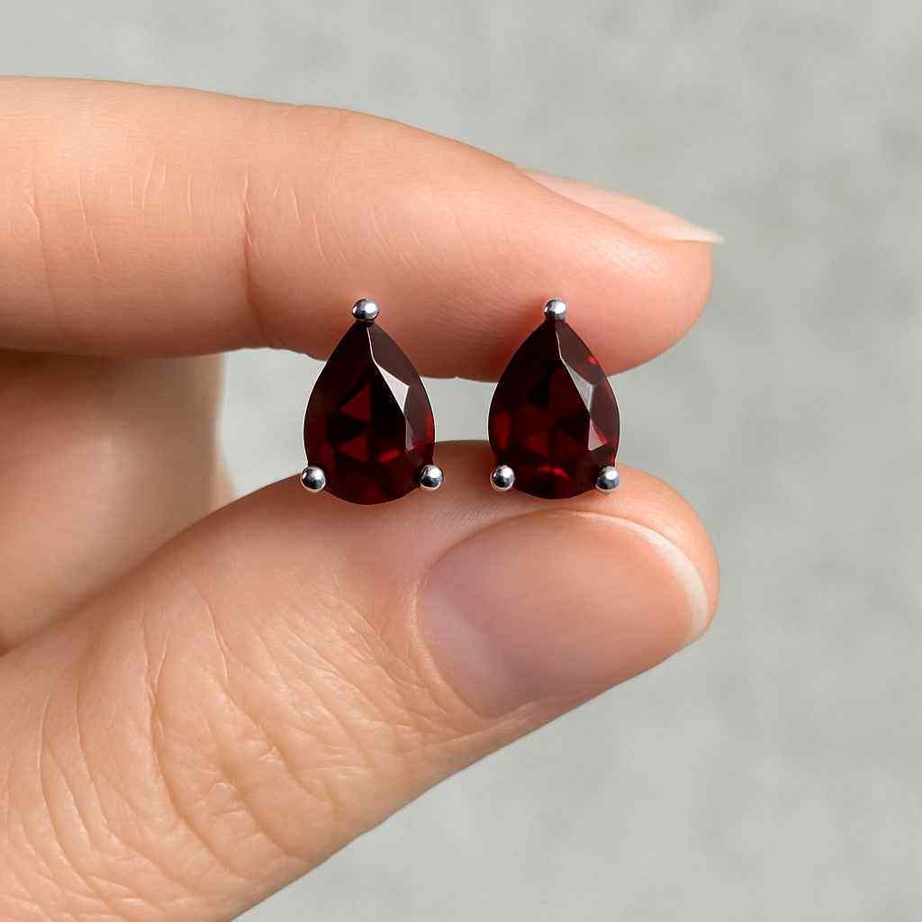 Garnet Stud Earrings – Natural Garnet Pear Cut Studs in 925 Sterling Silver, Minimalist Earrings