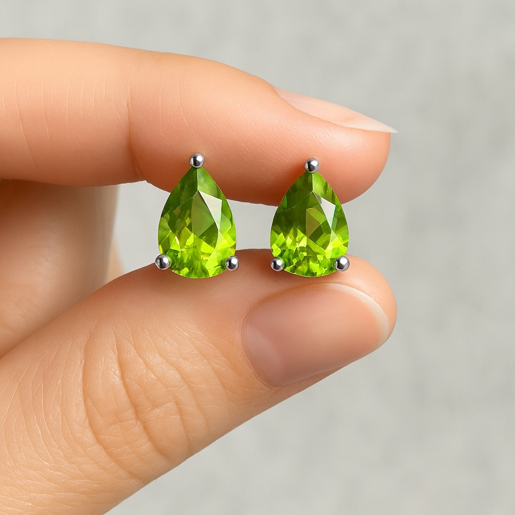 Natural peridot pear stud earrings in 925 sterling silver, small green gemstone earrings for women with tiny pear cut gems.