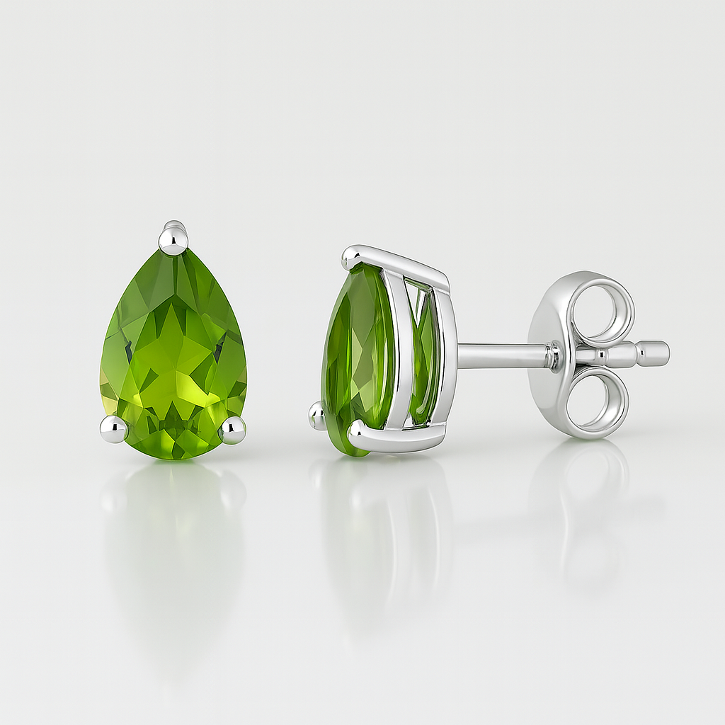 Natural peridot pear-shaped stud earrings in 925 sterling silver with tiny green gemstone for women, by Himalya Quartz.