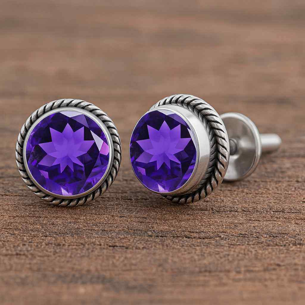 Natural Amethyst 6mm Round Cut Stud Earrings in 925 Sterling Silver – Gemstone Studs