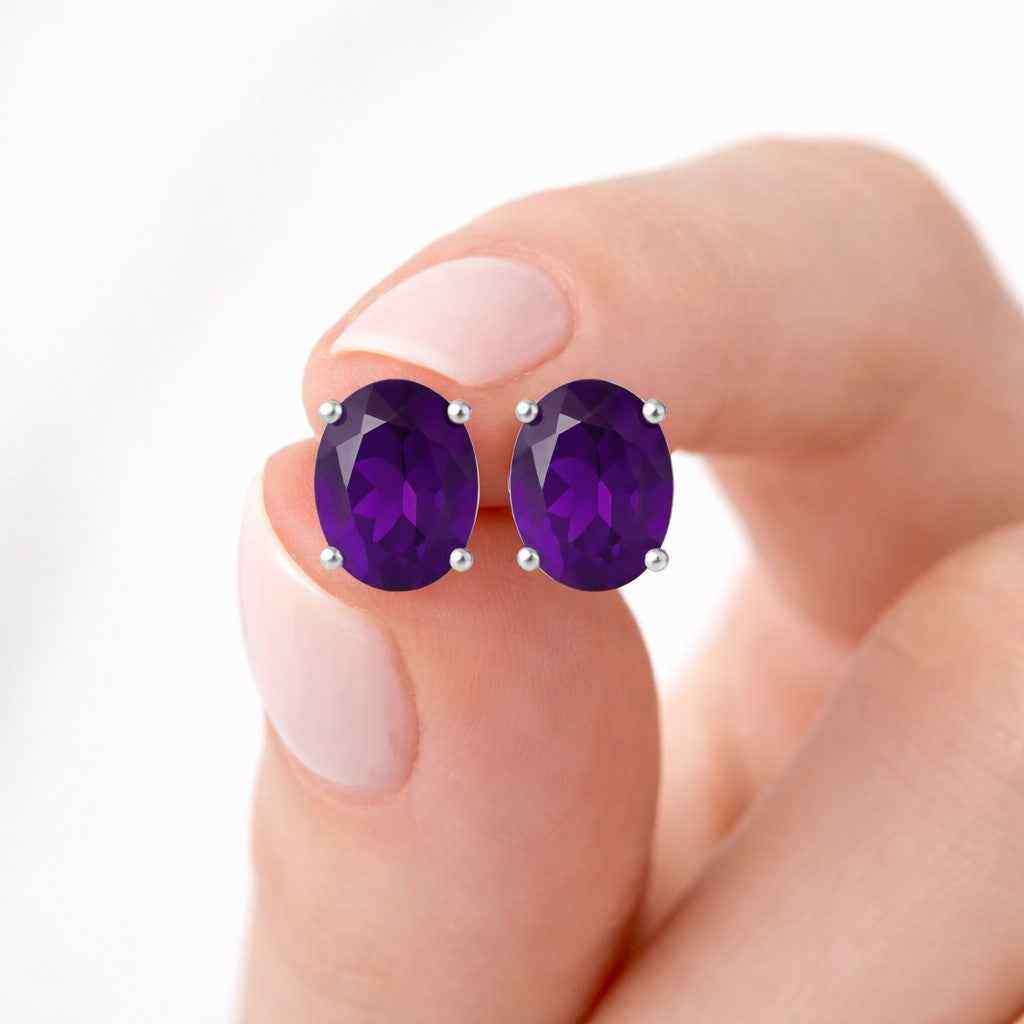 Natural Amethyst 8x10mm Oval Cut Stud Earrings in 925 Sterling Silver – Gemstone Studs