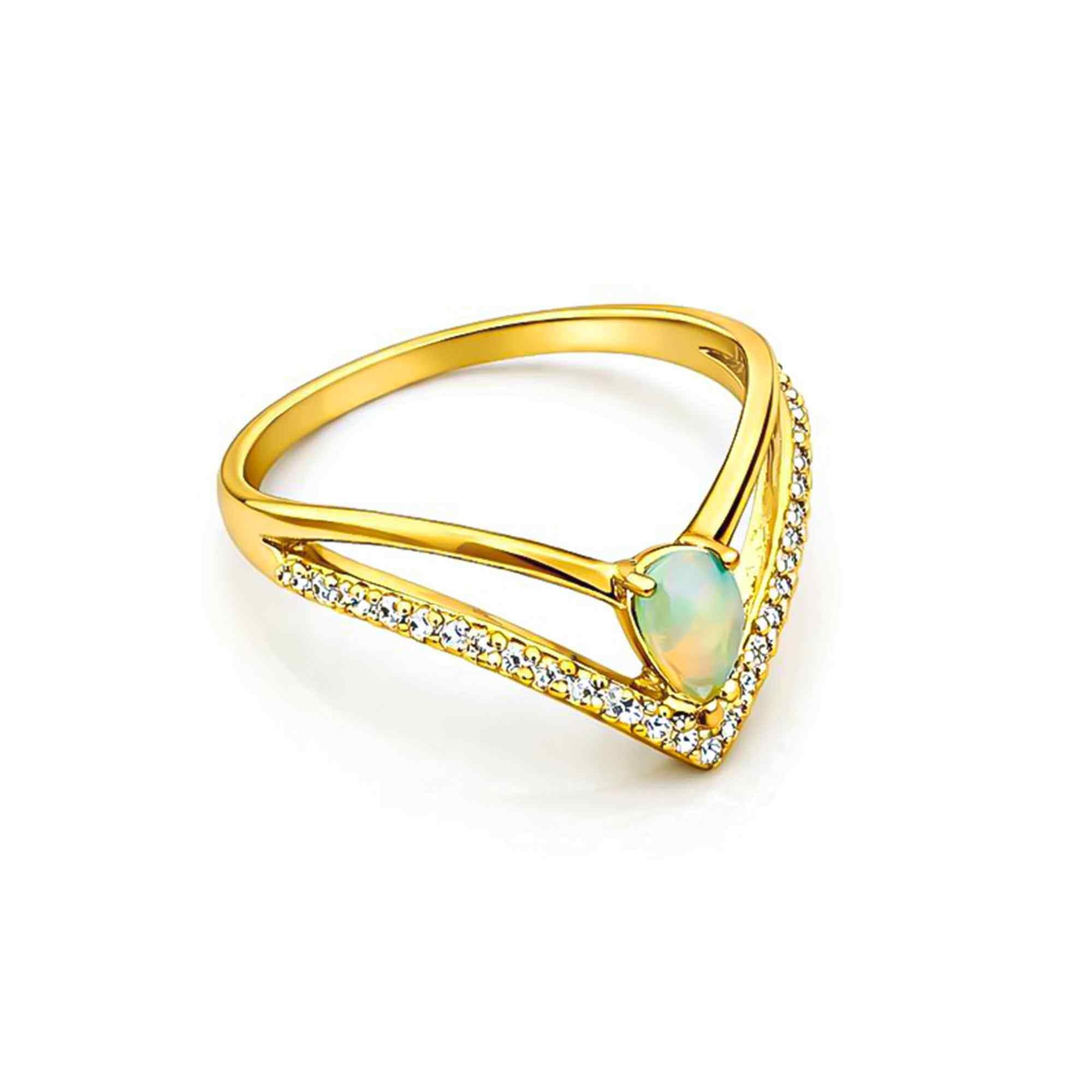 Ethiopian Opal Ringwith 4x6mm pear-shaped cabochon in sterling silver, handcrafted elegant jewelry for women.