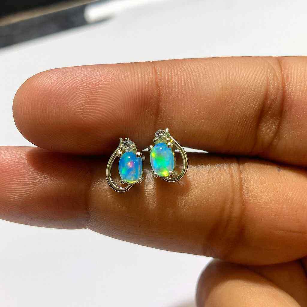 Opal With Zircon Stud Earrings – Natural Opal Studs in 925 Sterling Silver,Opal Earrings