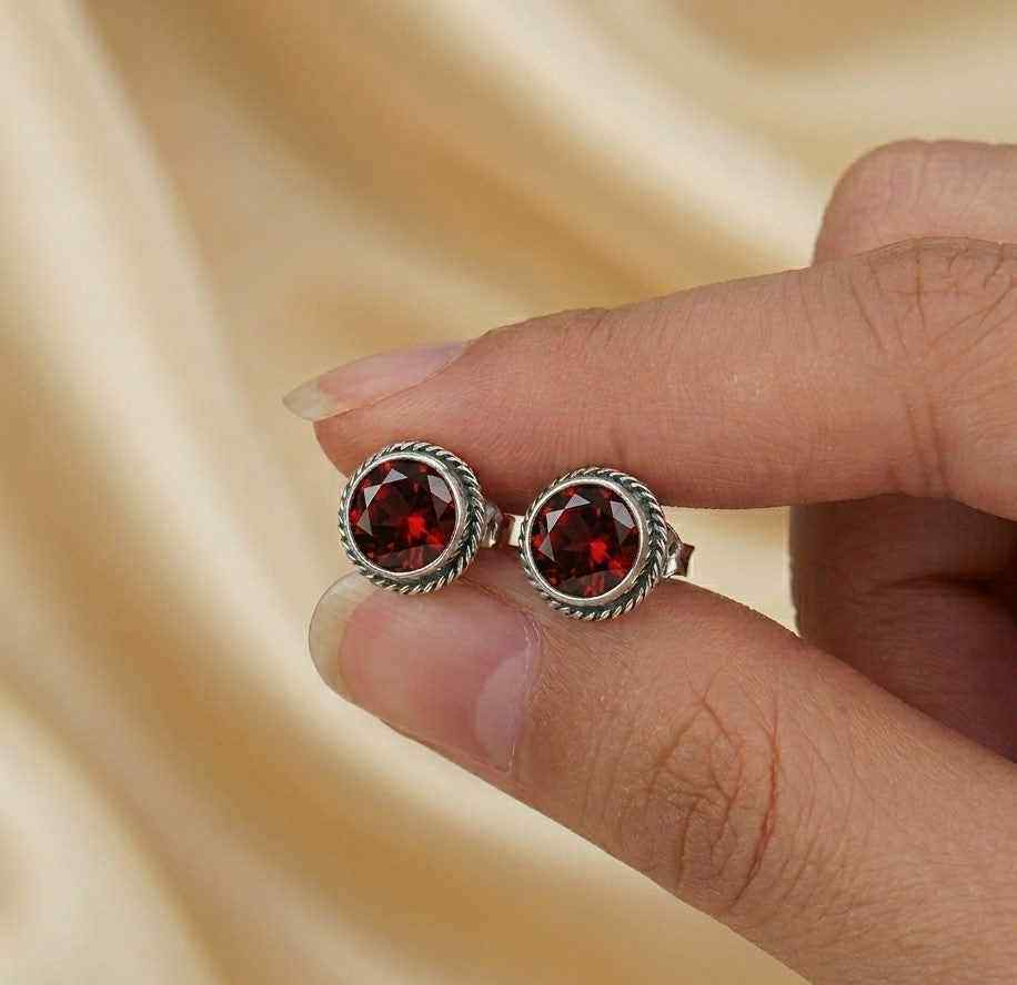 Natural Garnet 6mm Round Cut Stud Earrings in 925 Sterling Silver Gemstone Studs