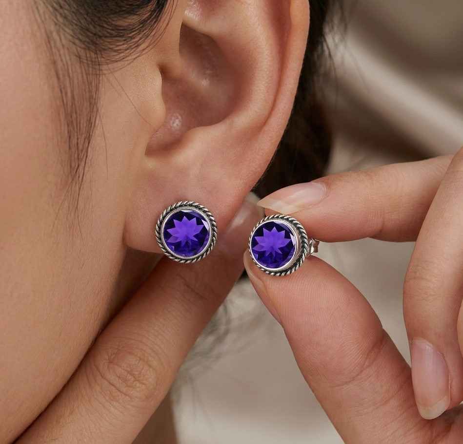 Natural amethyst 6mm round cut stud earrings in sterling silver, gemstone earrings by Himalya Quartz, showcasing elegant Stud & Earringss.