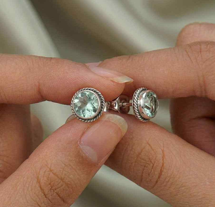 Natural Green Amethyst 6mm Round Cut Stud Earrings in 925 Sterling Silver Gemstone Studs