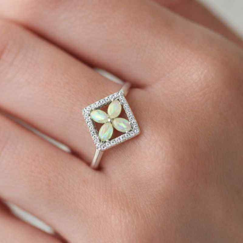 Delicate white Ethiopian Opal Ringwith 3x5mm oval cabochon, sterling silver handmade stackable Opal Ringby Himalya Quartz.