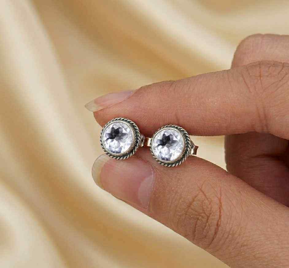 Natural Crystal 6mm Round Cut Stud Earrings in 925 Sterling Silver – Clear Gemstone Studs