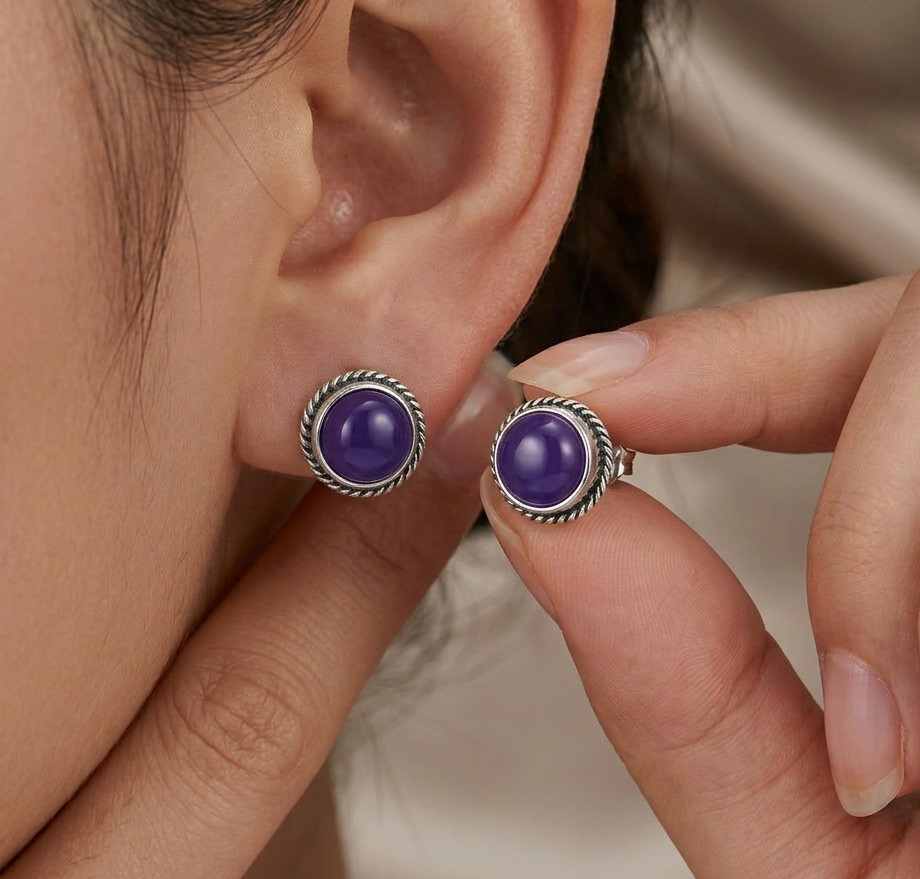 Natural amethyst 6mm round cabochon Stud & Earrings earrings in 925 sterling silver by Himalya Quartz, gemstone jewelry for women